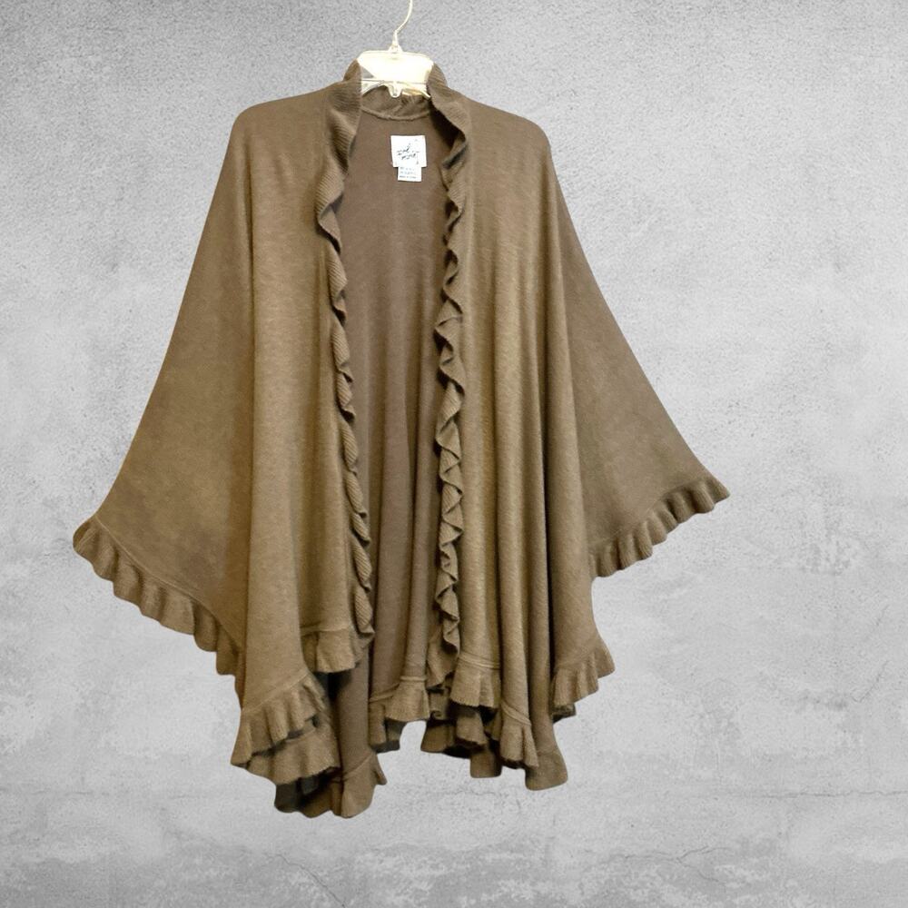 April Marin Taupe Ruffle Poncho Cardigan Boho Open Front‎ One Size Asymmetrical